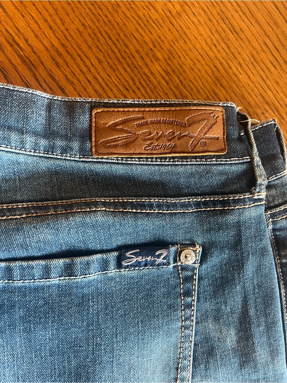 Seven7 Light Blue Girlfriend Cropped Jeans with Brown Leather Patch